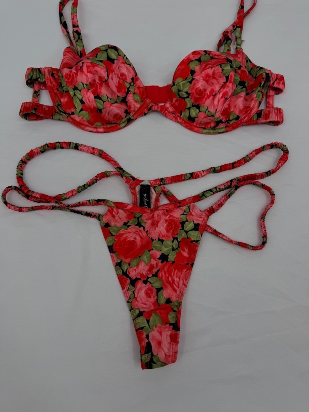 For Love & Lemons Floral Bikini Set L Top XL Bottom Strappy Red Swim - Picture 3 of 7